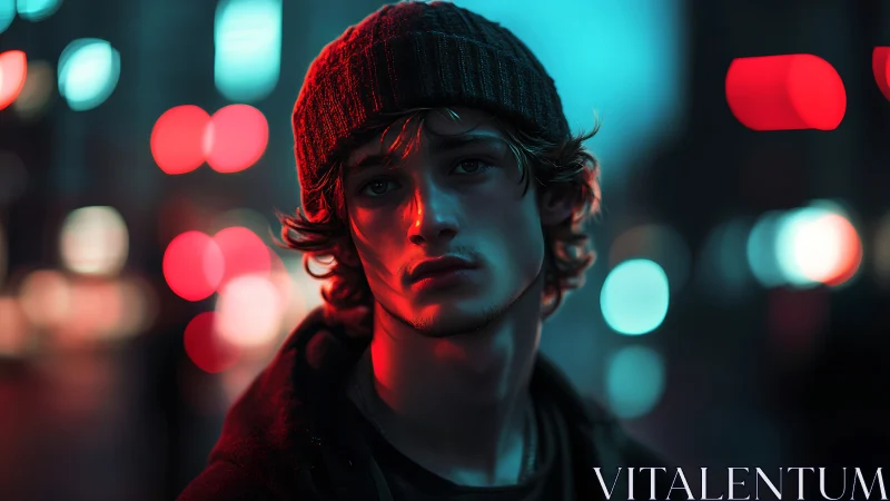 Moody city night portrait with soft neon glow and heart.