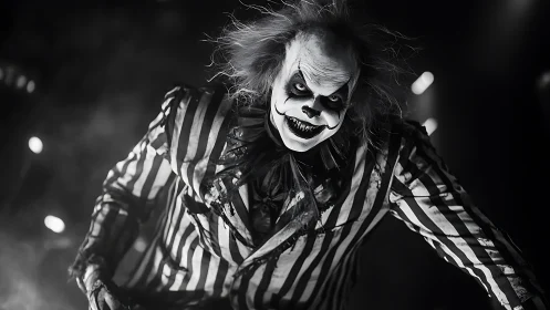 Creepy striped clown leans forward under dramatic lighting