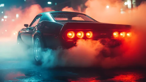 Muscle car taillights cut through neon fog on wet street