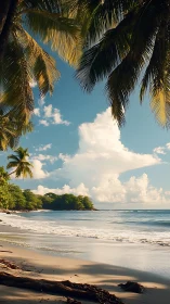 Tropical palm-framed beach shoreline under bright daylight.