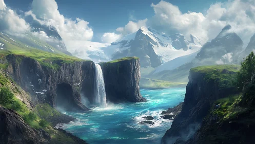 Glacial crown above turquoise falls in a secret valley.