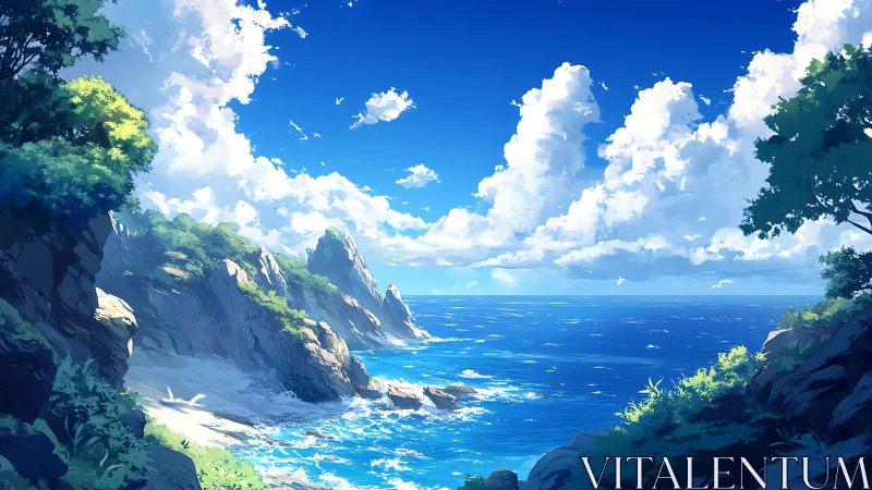 Sunlit rocky coastline with turquoise surf under cumulus sky