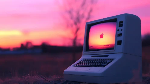 Retro desktop computer glowing at sunset in pastel sky field