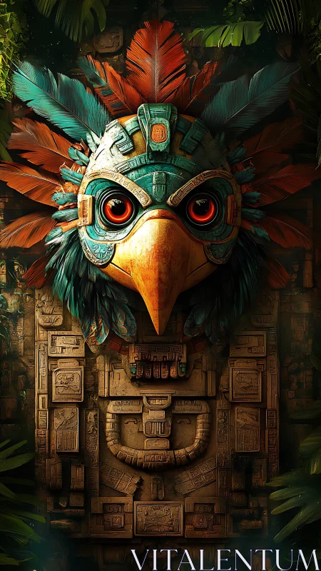 Plumed jungle guardian mask with blazing obsidian eyes.