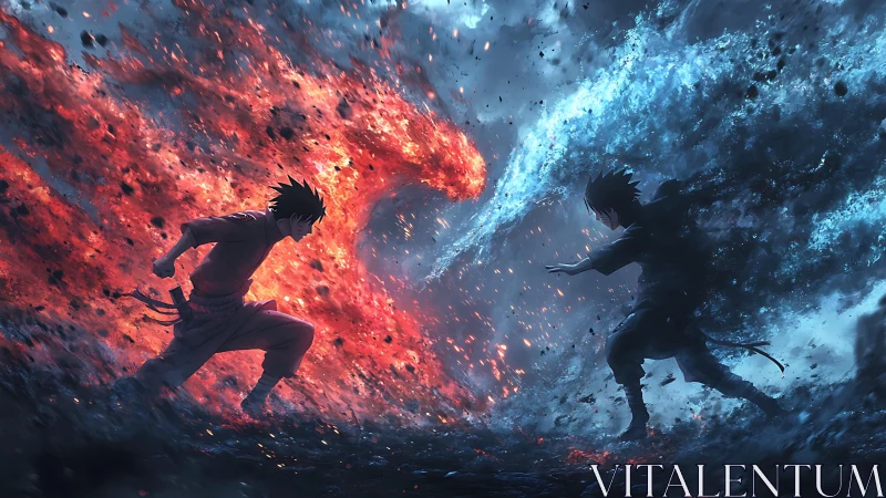 Elemental duel depicts symmetric fire and water energy collision