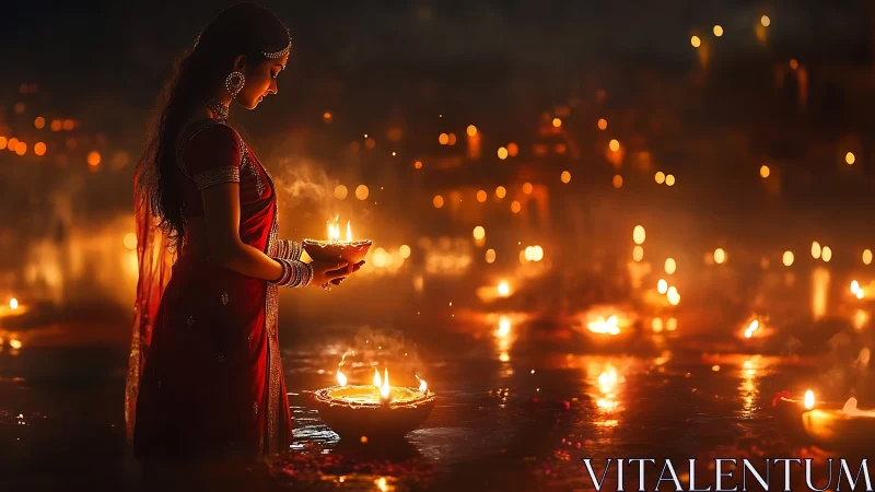 Woman in red sari holds river diyas under golden night glow.