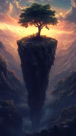 Solitary tree crowns a soaring floating cliff at sunrise.