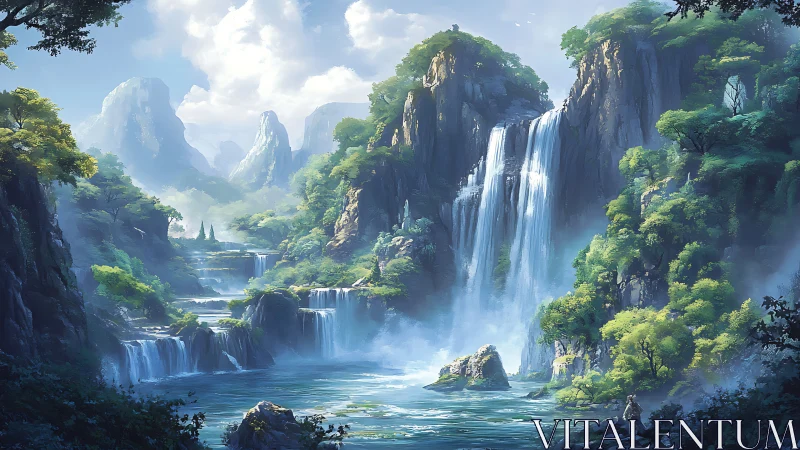 Whispering tiered waterfalls in a mist-laced emerald valley.