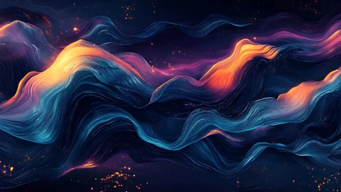 Abstract neon waves form glowing flowing mountain shapes
