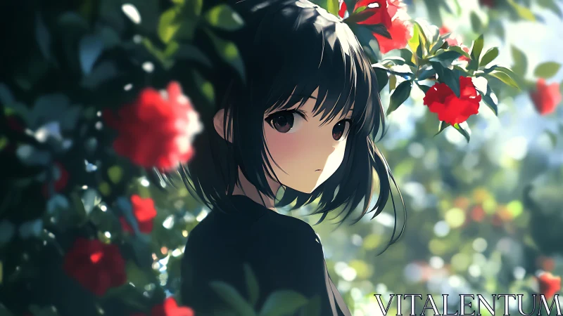 Girl in soft sunlight stands among vivid red blossoms.