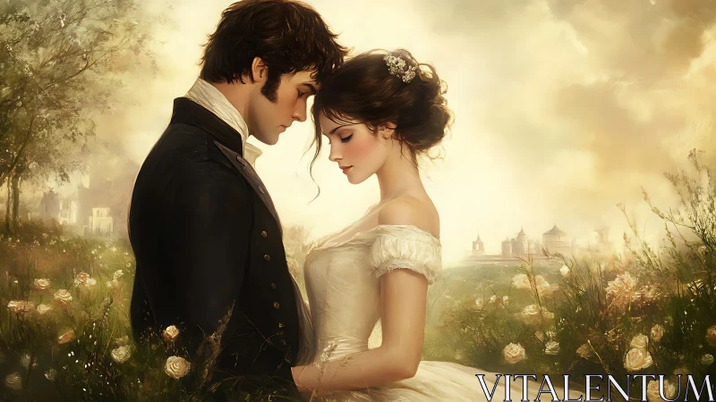 Two lovers share an intimate moment in a romantic garden setting