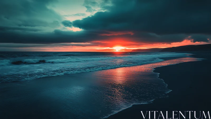 High-contrast seascape sunset with cyan shadows and surf