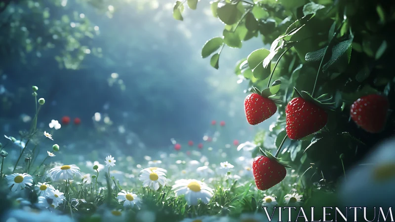 Sunlit strawberries hang over dewy wildflower meadow.