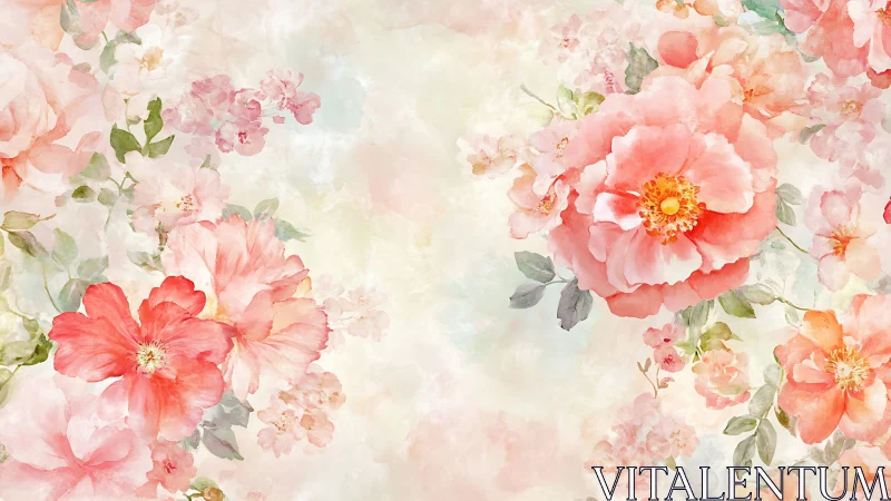 Soft coral peonies in airy watercolor floral tableau.