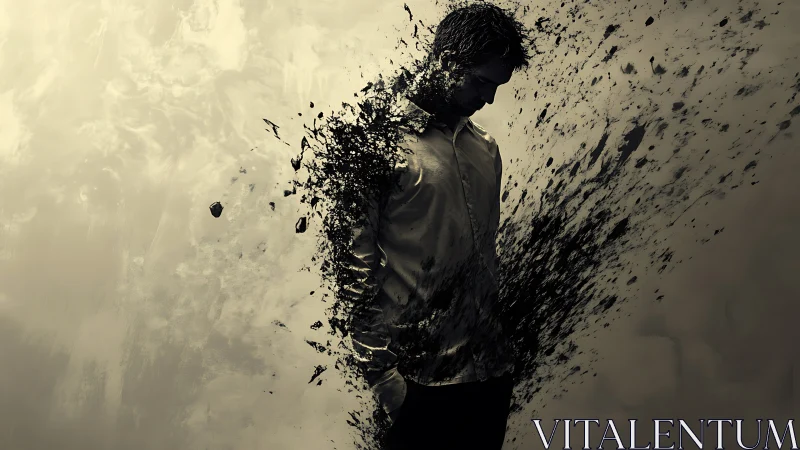 Thoughtful figure dissolving into a whirlwind of shadows.