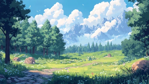 Mountain Valley Landscape with Alpine Peaks and Forest Meadow