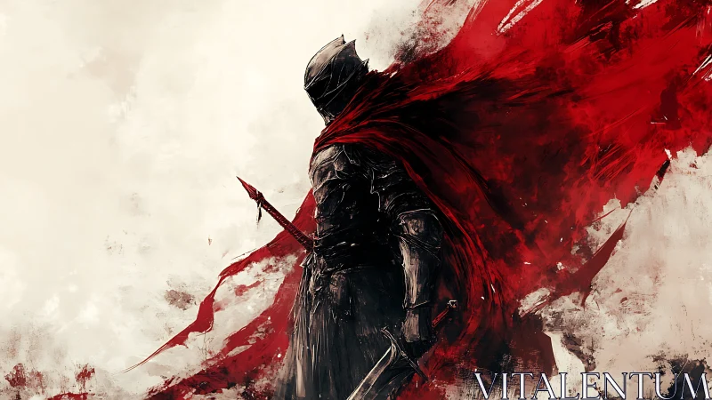 Armored warrior stands with red cloak exploding into abstract