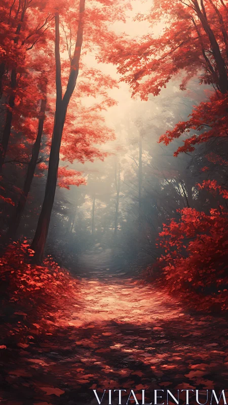 Forested pathway with red foliage and atmospheric haze.