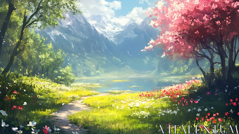 Digital painting of alpine lake meadow with flowering trees.