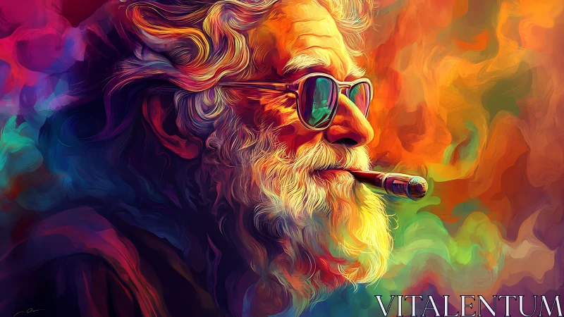 Chromatic sage in swirling neon smoke and molten sunlight.