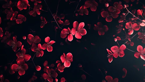 Crimson Four-Petaled Flowers Against Deep Black Background