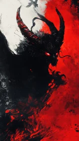 Fierce horned demon emerges from swirling red and shadow