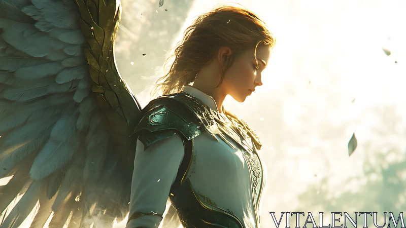 Backlit winged warrior angel in ornate gold plate armor