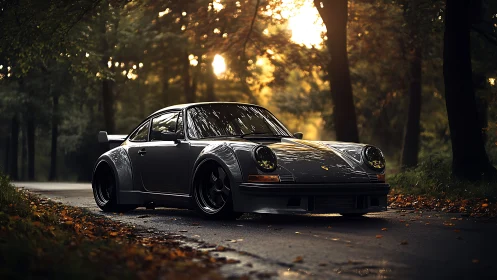 Widebody classic sports coupe rendered in moody forest backlight