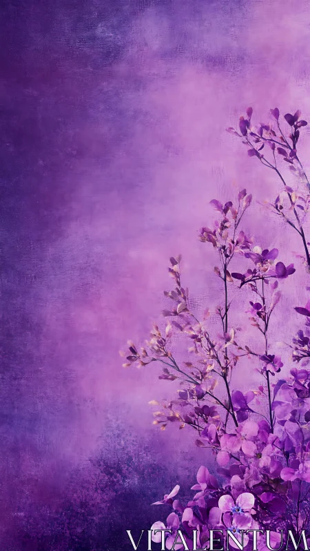 Purple Botanical Study: Layered Floral Silhouettes Against Textured Gradient.