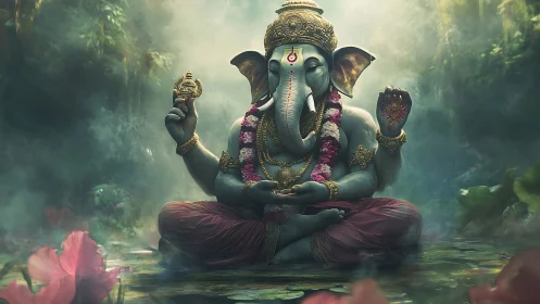 Divine elephant deity meditating in misty forest temple.