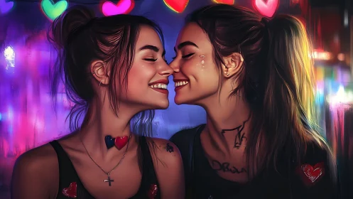 Neon-Lit Love: Two Women Sharing a Joyful Moment in Vibrant Urban Glow