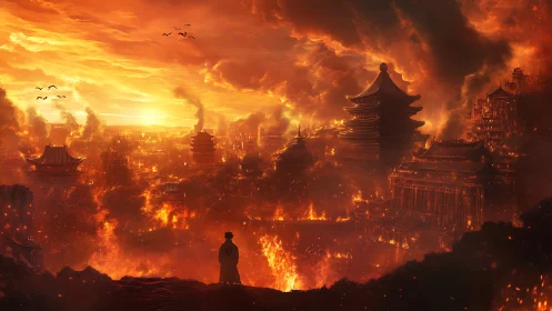 Solitary figure surveying burning ancient cityscape.