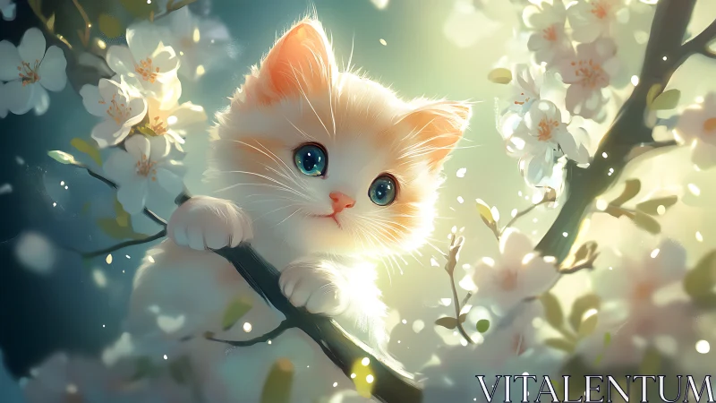 White Kitten on Flowering Branch with Blue Eyes