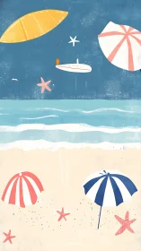 Minimal beach scene with umbrellas, starfish and waves.