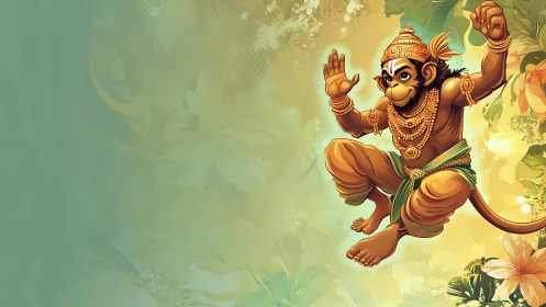 Playful monkey deity leaping through luminous floralscape.