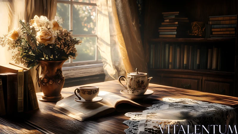 Sunlit vintage tea set rests on open book in study