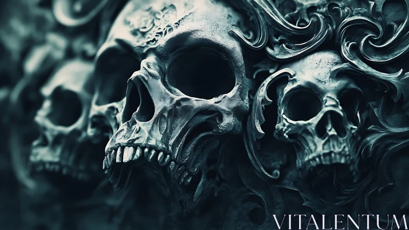 Detailed skull cluster with ornate swirling relief forms.