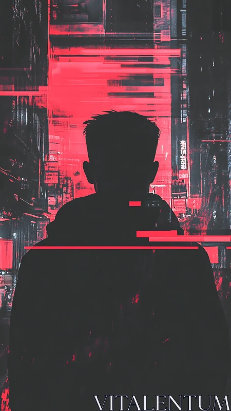 Silhouetted figure before red glitch urban backdrop.