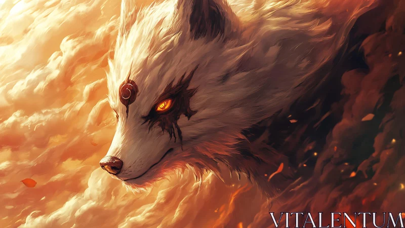 Mythic white fox spirit emerges through burning clouds
