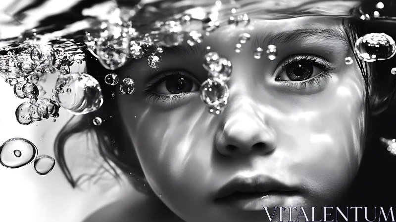 Child's face submerged with water droplets and bubbles in monochrome