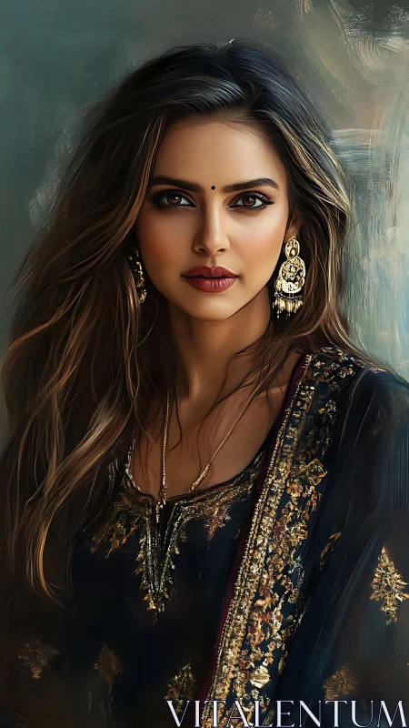 Regal gaze in embroidered midnight, painted with light.