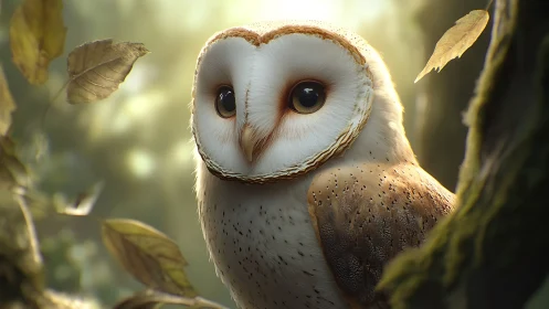 Realistic Barn Owl in Sunlit Forest, Soft Nature Photography Style.