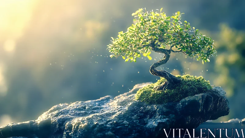 Serene Bonsai Tree on Mossy Rock in Soft Morning Light.