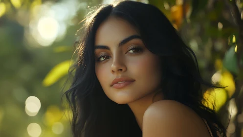 Soft golden portrait of dark haired woman in garden light.