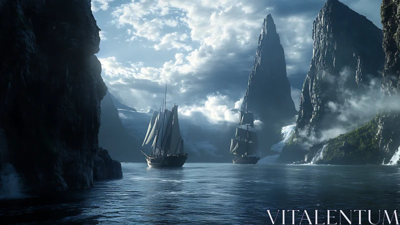 Tall ships entering misty cliff passage at dawn.