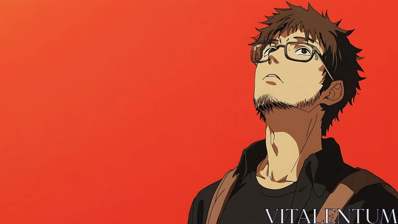 Thoughtful anime man gazes upward against vivid red sky