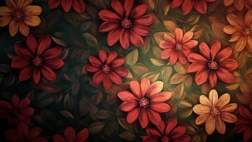 Warm Floral Composition with Red and Orange Dahlias.
