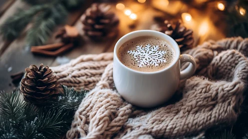 Cozy winter coffee cup rests on knitted scarf with pinecones