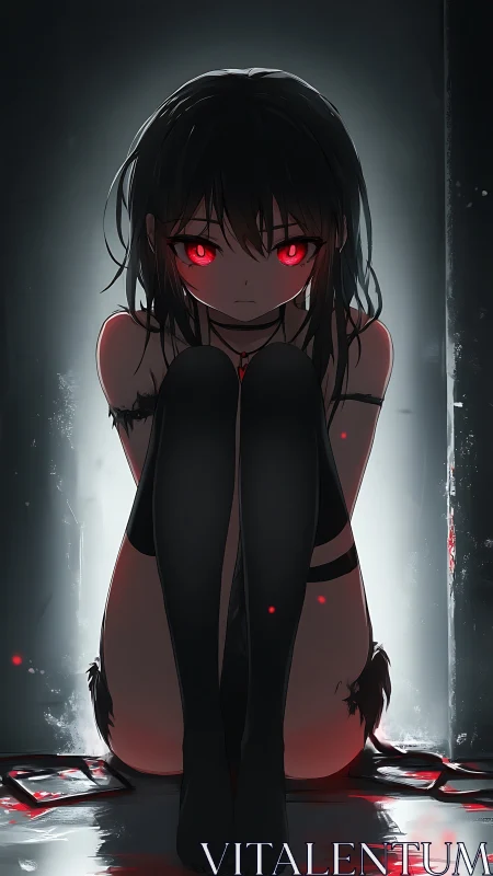 Shadowed girl with glowing red eyes sits in quiet tension