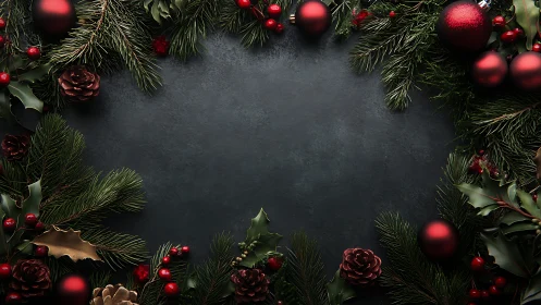 Dark background is framed by evergreen branches and ornaments